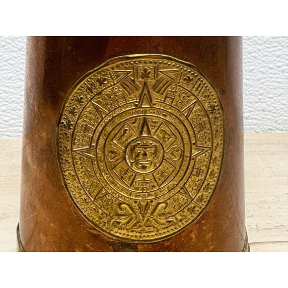 Vtg Copper And Brass Pitcher Brass Handle Aztec Calendar 1 Lit. 8.5in Tall - Picture 5 of 10